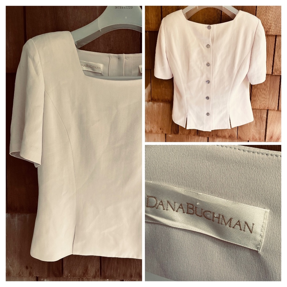 Rare Vintage Dana Buchman Womens Beige 💯 Silk Short Sleeve Lined Jacket/Top  8
